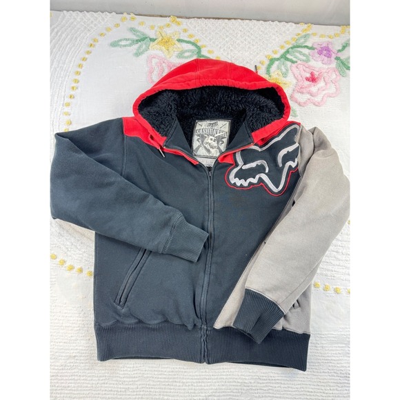 Fox Sasquatch Black Gray Red Fleece Lined Zip Up Hoodie Mens Size Large - Picture 1 of 11